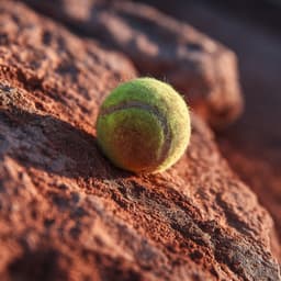 Worn tennis ball resting on clay